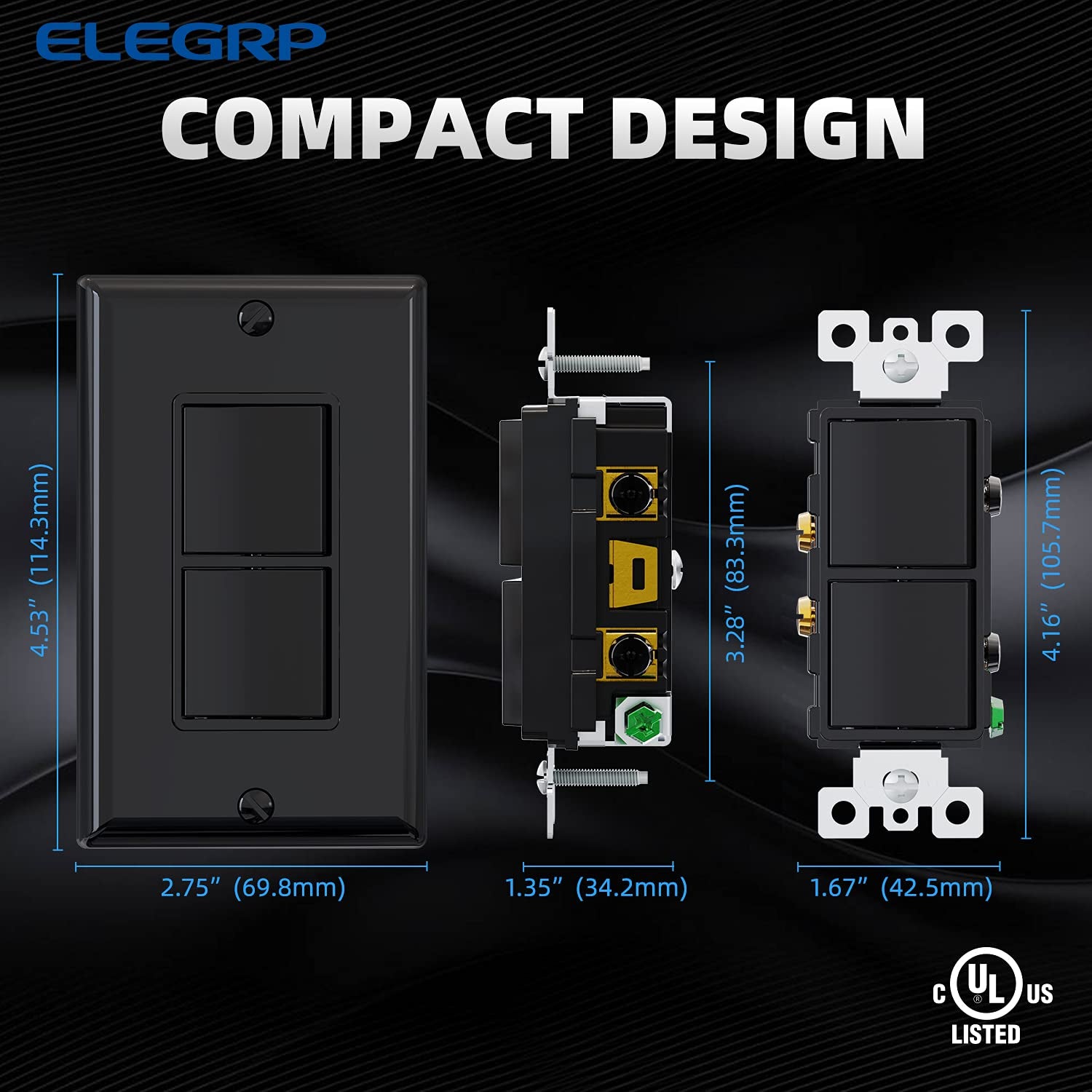 Glossy Black Double Rocker Light Switch – 2 Pack | 15A 120V Single Pole, In-Wall, Self-Grounding, UL Listed