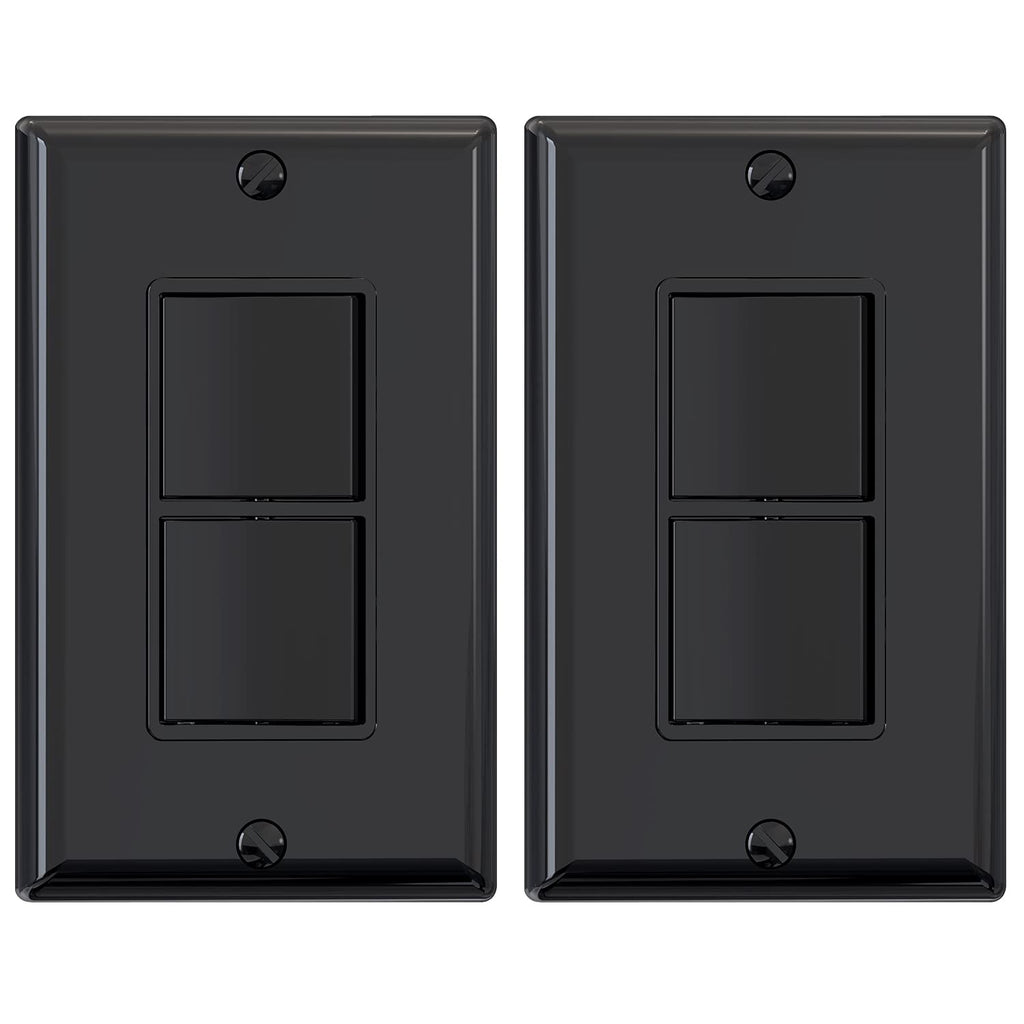 Glossy Black Double Rocker Light Switch – 2 Pack | 15A 120V Single Pole, In-Wall, Self-Grounding, UL Listed