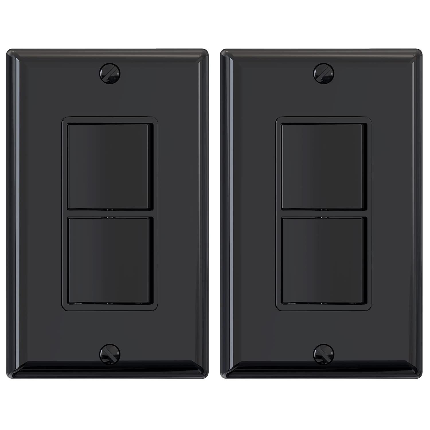 Glossy Black Double Rocker Light Switch – 2 Pack | 15A 120V Single Pole, In-Wall, Self-Grounding, UL Listed