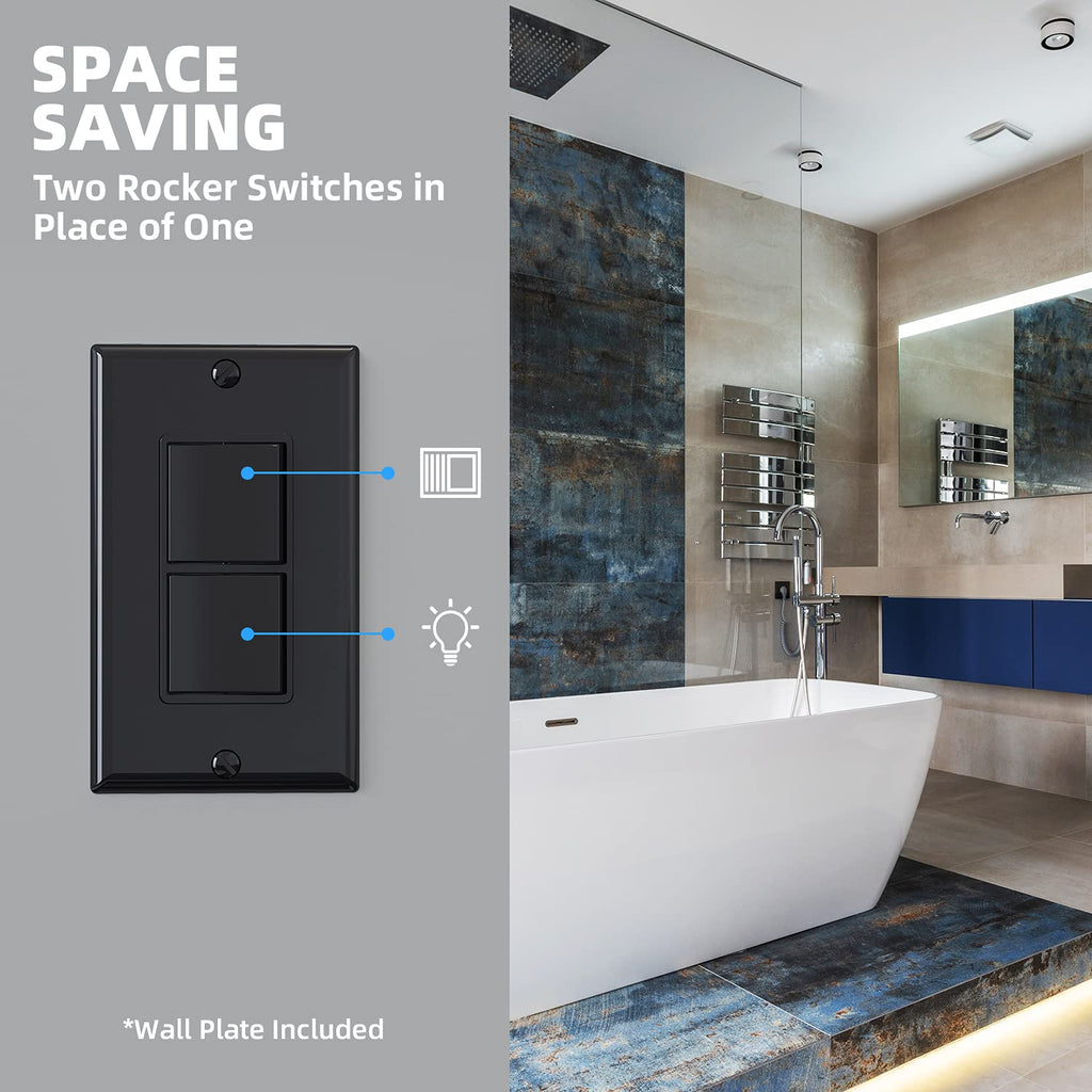 Glossy Black Double Rocker Light Switch – 2 Pack | 15A 120V Single Pole, In-Wall, Self-Grounding, UL Listed